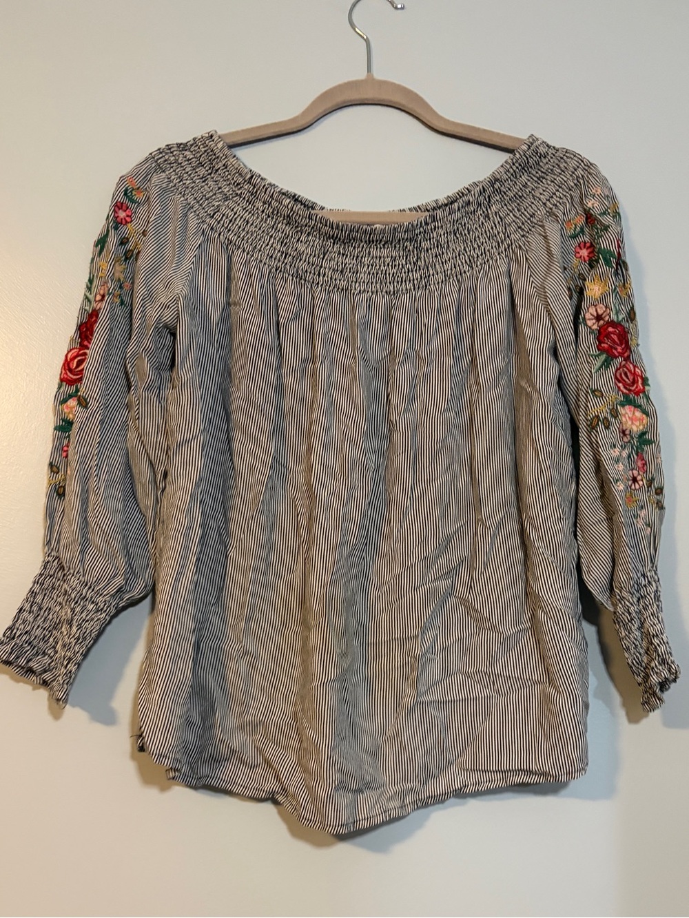 Miss Lili Blue and White Striped Off-Shoulder Blouse with Floral Embroidery